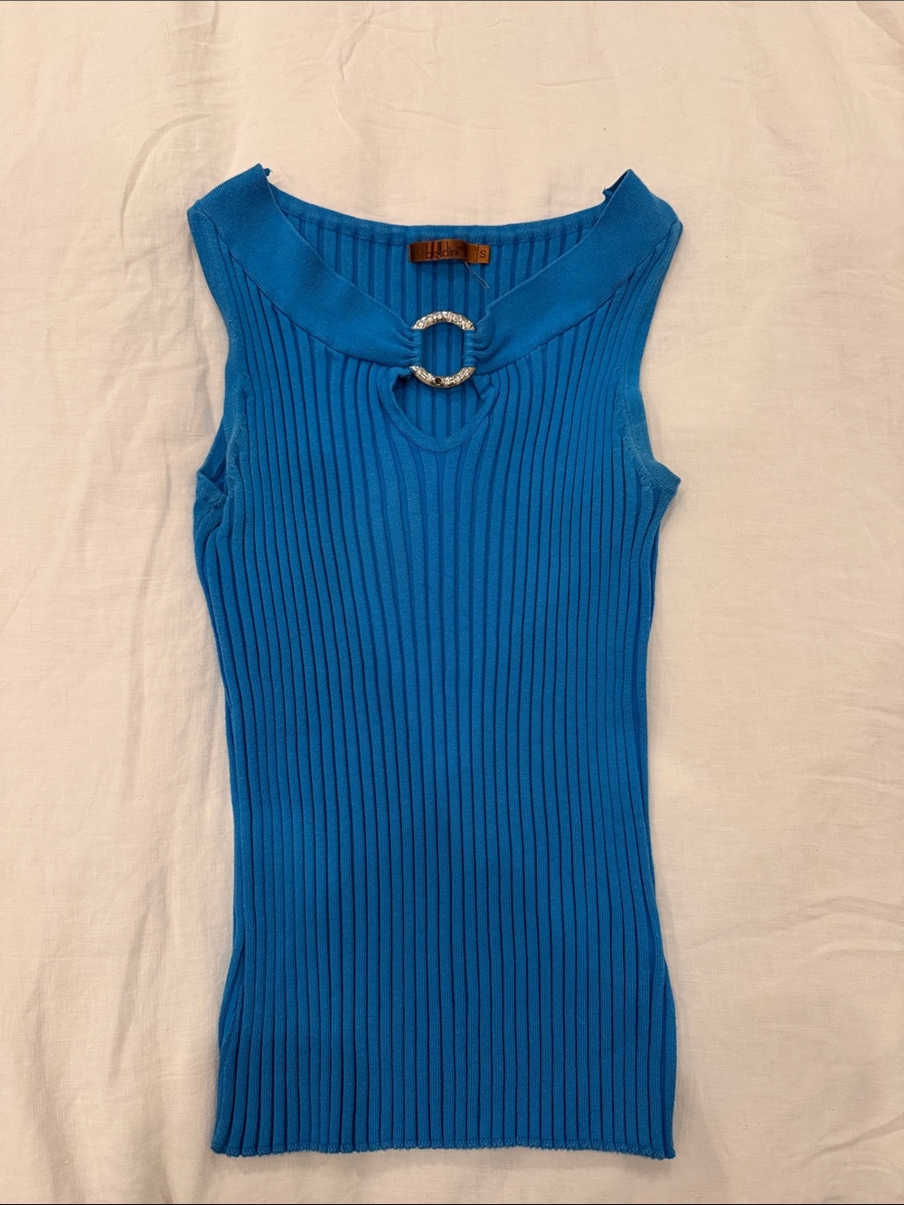 Belldini Bright Blue Ribbed Tank with Rhinestone Ring
